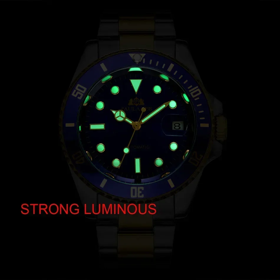 ساعات أوتوماتيكية للرجال ميكانيكية ذاتية الرياح من الفولاذ المقاوم للصدأ باللون الذهبي والأزرق والأخضر والأحمر وفاخرة مضيئة