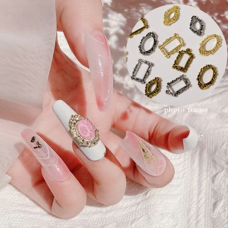 5Pcs Alloy Photo Frame Nail Charms,exquisite vintage hollow metal patches for handmade DIY nail rhinestone decoration accessorie