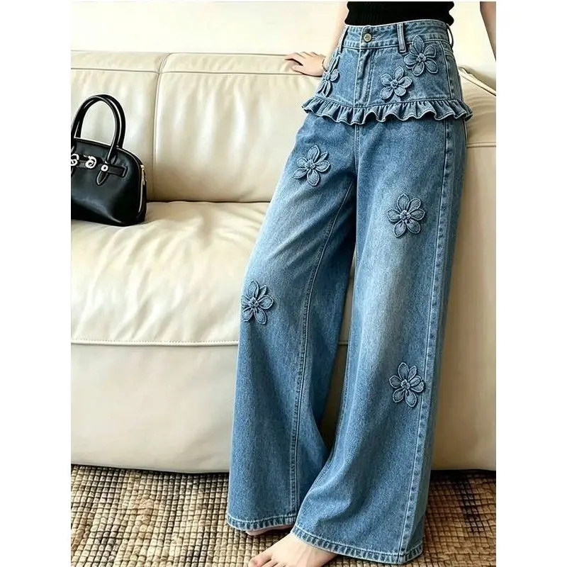 Blue Flower Cowboy Wide Leg Pants for Girls Middle and Large High Grade Loose Casual Pants