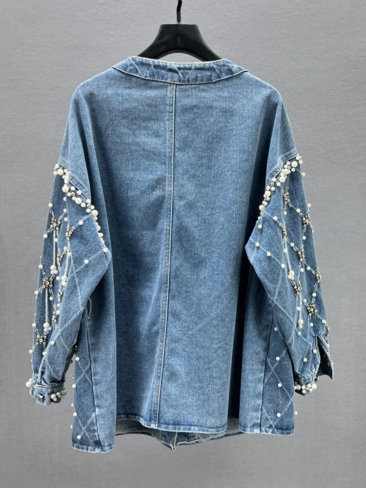 GVUW Beading Denim Jackets Women High Street Style Round Collar Full Sleeve Single Breasted Pockets New 2024 Coats 17G7804