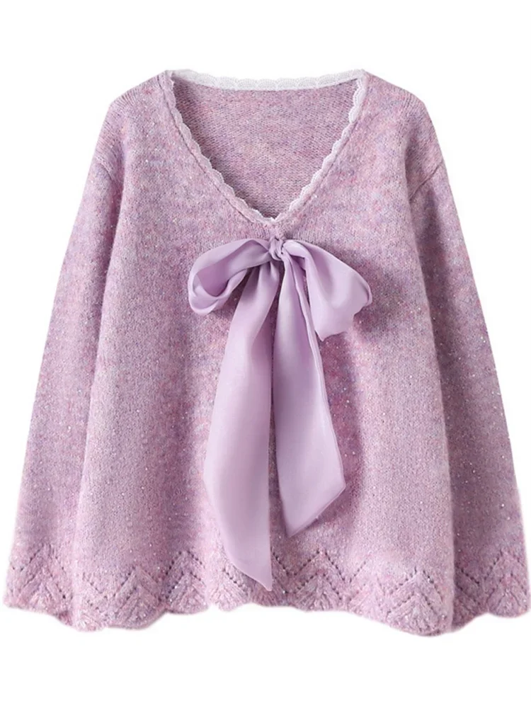 Maglione da donna di media lunghezza autunno inverno top eleganti pullover da donna moda francese fiocco in pizzo impiombato maglione con scollo a V