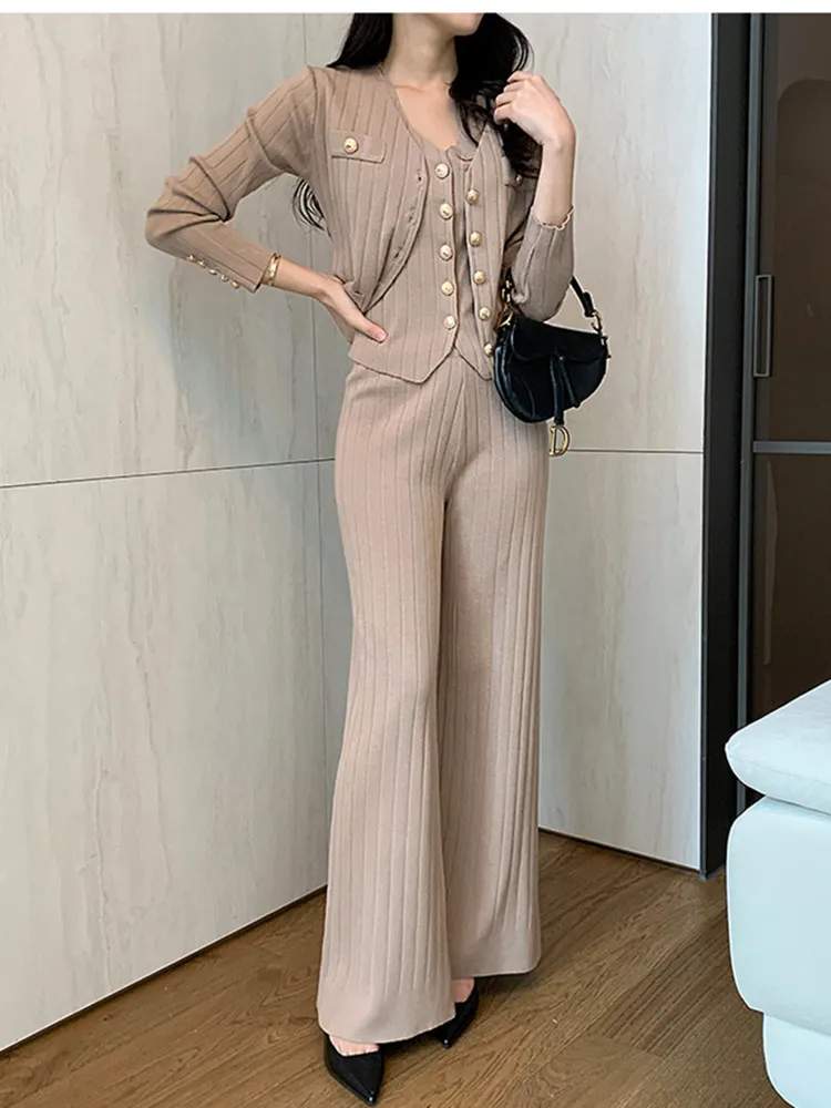 Autumn Pit-Stripe Knitted Sweater 3 Piece Sets Women Winter Luxury Metal Buttons Knitted Cardigan +Vest+Wide Leg Pants Sets