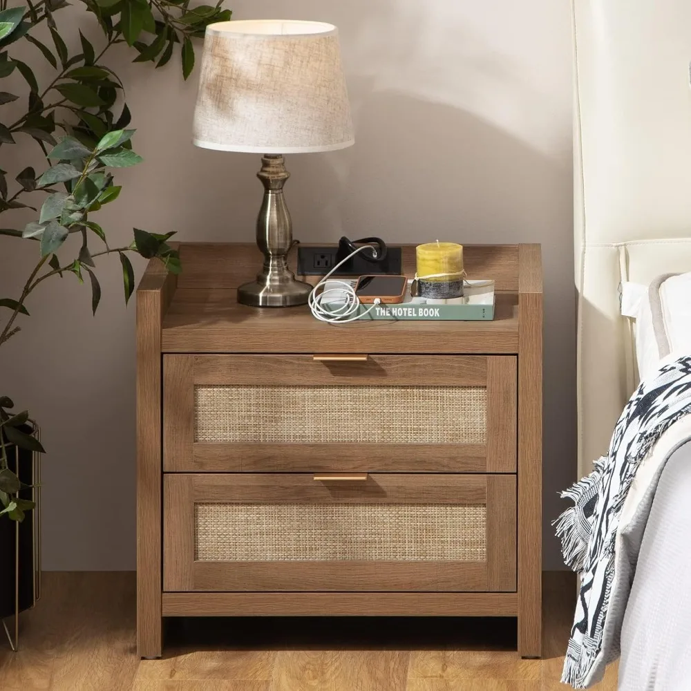 Rattan Nightstand End Table : Large Night Stand with Type-C Charging Station & 2 Rattan-Like Decor Drawers -  Natural Oak