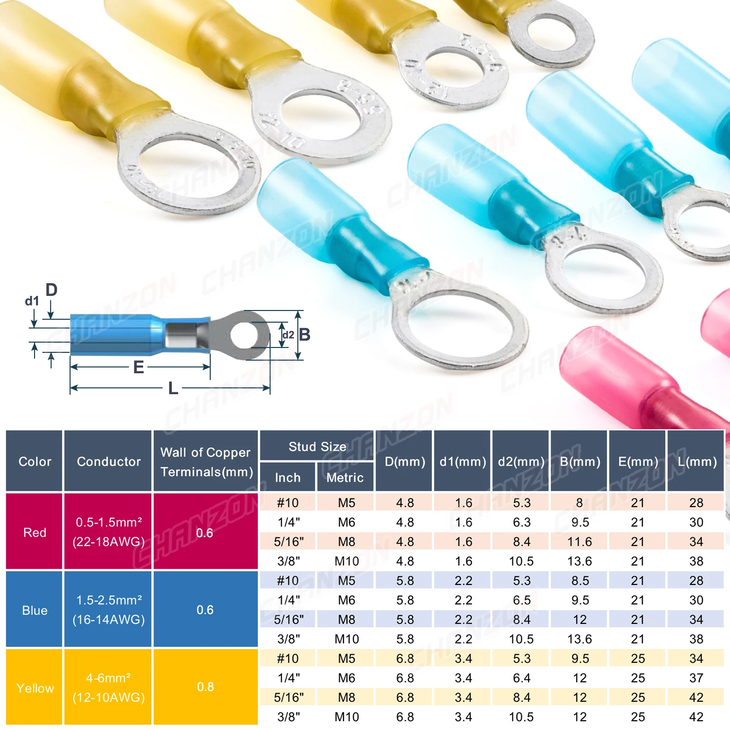 40PCS 16 Assortment Heat Shrink Ring Terminals Set Red Blue Yellow Marine Electrical Wire Crimp Solder Connectors M5 M6 M8 M10