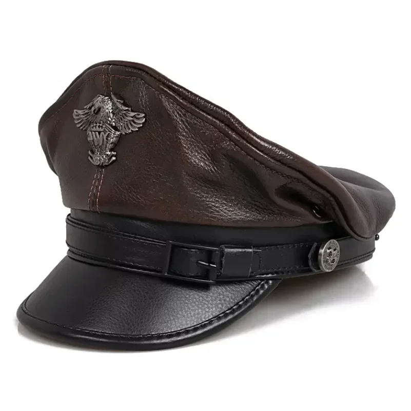 2024 Retro German Military Caps For Men Male Genuine Leather Flat Top Hats European American Captain Locomotive Chapeau