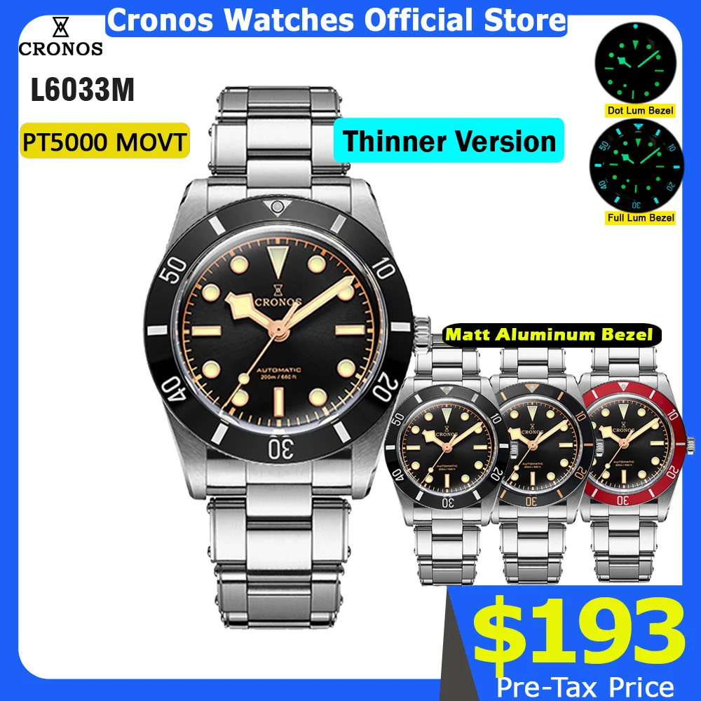 Cronos Luxe Herenhorloge 37mm Diver BB54 Vintage Automatische Horloges Vrouwelijke Eindlinks Saffier 20 Bar L6033 - afbeelding 2