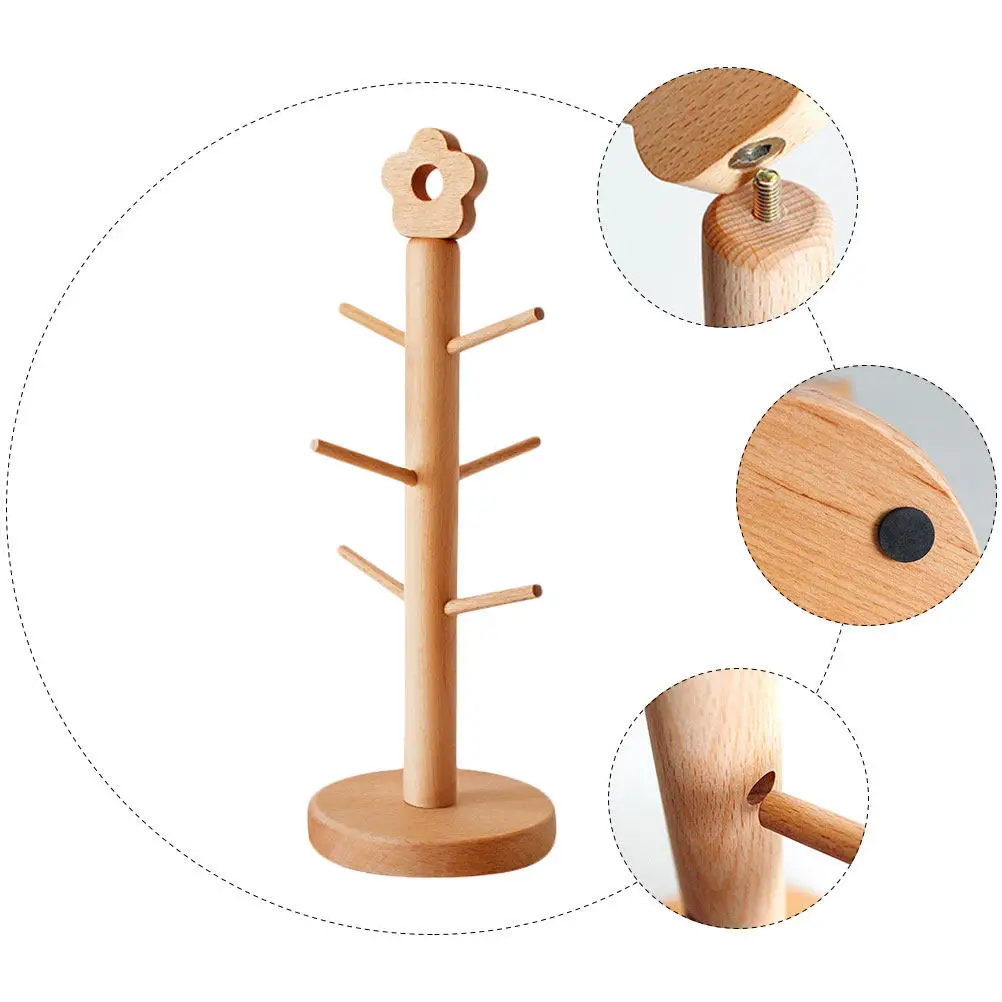1Pcs Premium Beech Wood Flower-Shaped Cup Hanger Rack Sturdy Mug Holder with Anti-Skid Base for Home Kitchen Restaurant Storage
