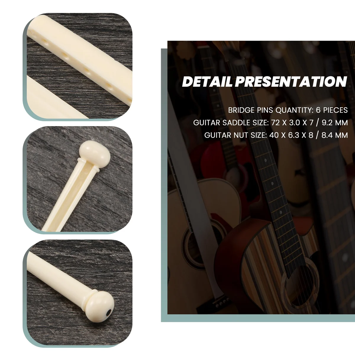 6 Bridge Pins + saddle + bridge saddle Bone / Bone Acoustic Guitar white