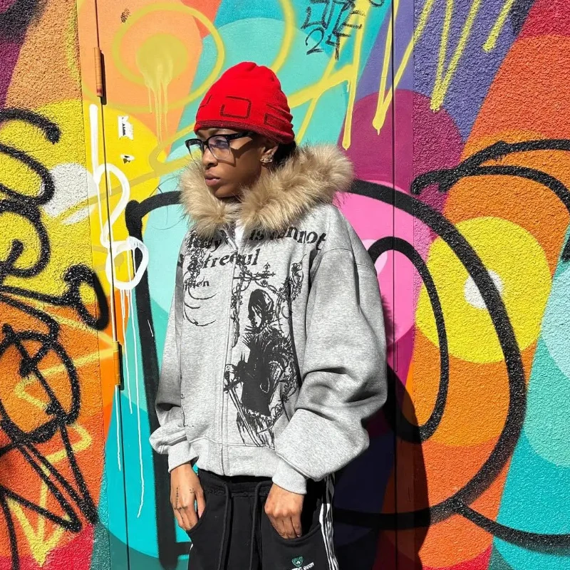 خمر الهيب هوب صورة نمط رسالة الصوف الاصطناعي هوديي العصرية الشارع عارضة زوجين سستة البلوز فضفاضة سترة بسيطة