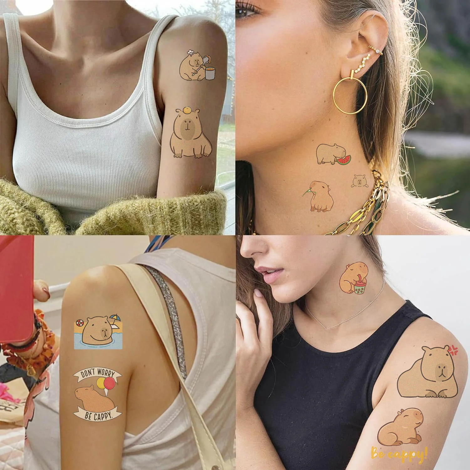 10 Uds. De pegatinas de tatuaje de capibara bonitas, tatuajes temporales de animales de dibujos animados para niños, pegatina kawaii para niños, juguete de regalo de cumpleaños y Navidad