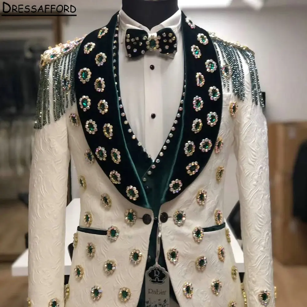 

White Jacquard Beading Tassel Men Suits For Wedding Diamonds Groom Tuxedos 2 Pieces Jacket Pants Prom Blazers Customized