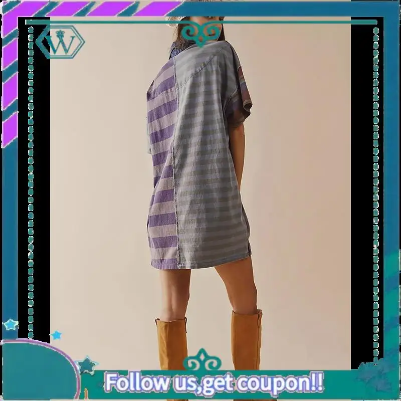 A09P Babydoll da donna a righe a contrasto Y2k Mini t-shirt patchwork estiva Abito vintage a maniche corte con scollo a V