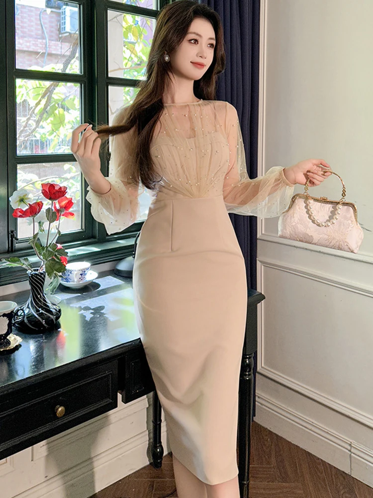 فساتين سهرة طويلة أنيقة فاخرة للسيدات أنيقة باللون الأسود الشفاف ومثير برقبة دائرية فستان ضيق للحفلات الراقصة رداء نسائي