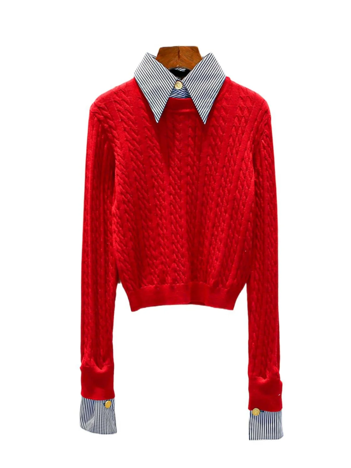 Haut tricoté rayé Premium Ne faux deux pièces vêtements rouges du nouvel an pour les femmes trajet Sle coupe régulière longue Sve...