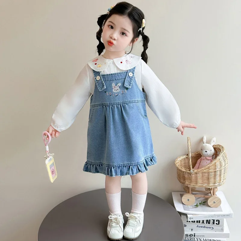 

Girls' Spring and Autumn Denim Skirt Spring Outfit2026New stylish and fashionable spring dress set for baby girls