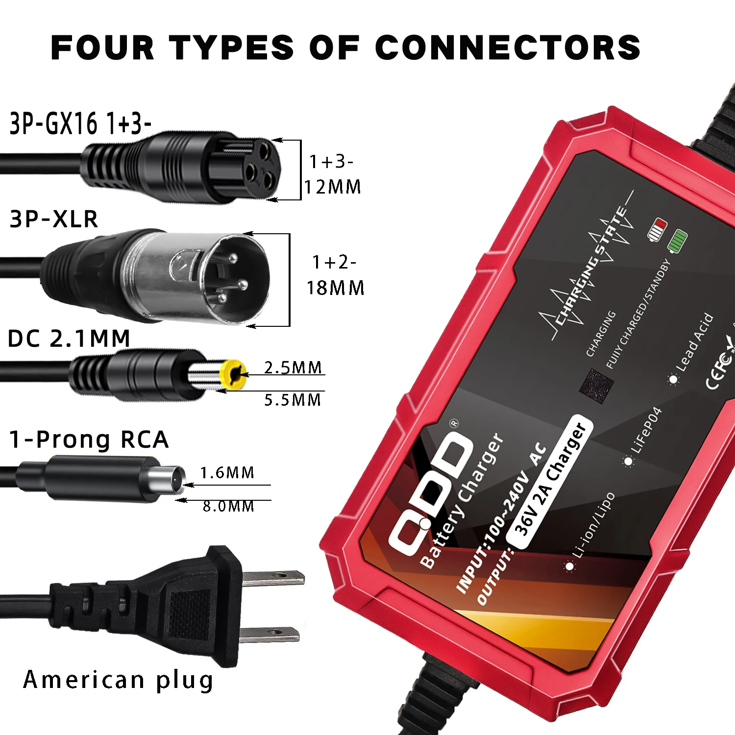 QDD 36V 2A Lead Acid Battery Charger For 41.4V Lead-Acid Battery Charger High Quality Connectors