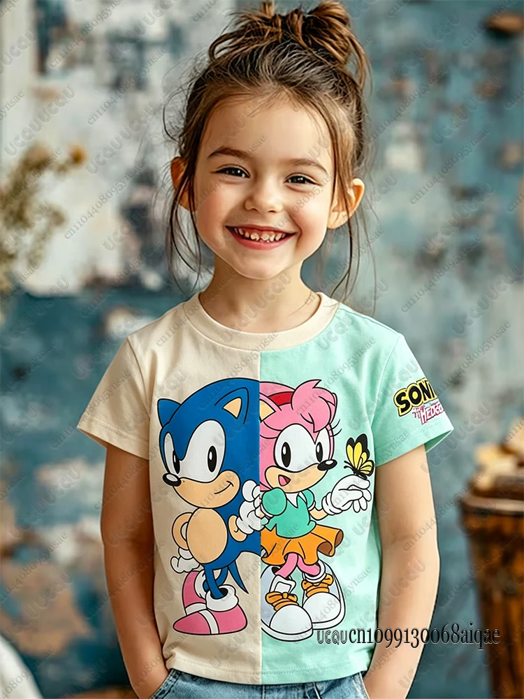 Cartoon Sonic Character Print T-Shirts für Kinder, lässige Rundhals-Street-T-Shirts, Sommer-T-Shirts für Erwachsene/Kinder, süße Tops, Sonic-T-Shirts – Detail 2