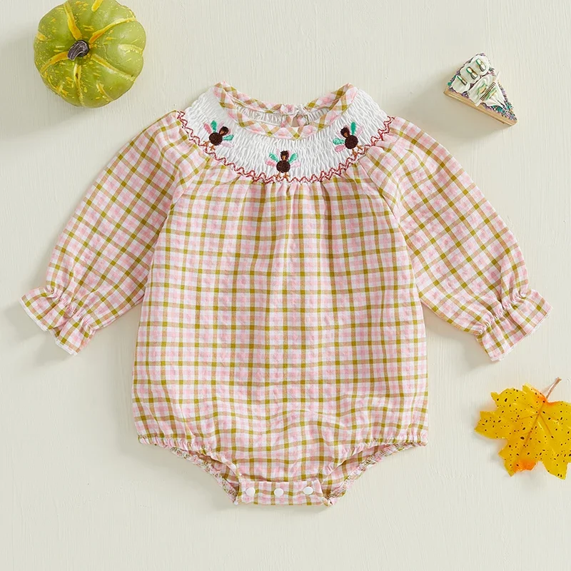 Baby Girls Thanksgiving Romper Turkey Embroidered Plaid Long Sleeve Jumpsuits for Newborn Infant Toddler Fashion Clothes