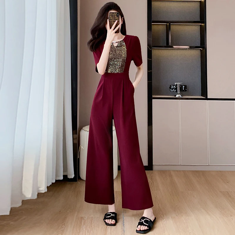 Elegant Summer Spring Women Fashion Sequin Splicing Jumpsuit Playsuits Femmes Elastic Party Ladies Wide-leg Jumpsuit SL078