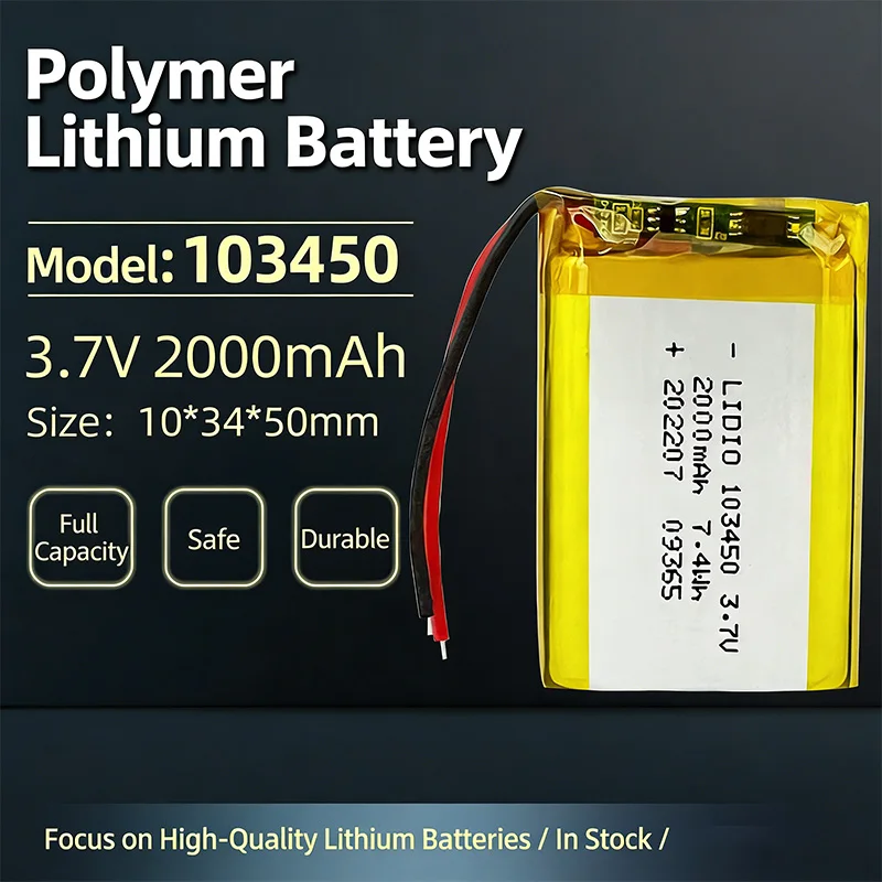 103450 3.7V 2000mAh Polymer Lithium Rechargeable Battery jst PH 2.0mm 2pin plug for Camera GPS navigator MP5 Bluetooth Headset