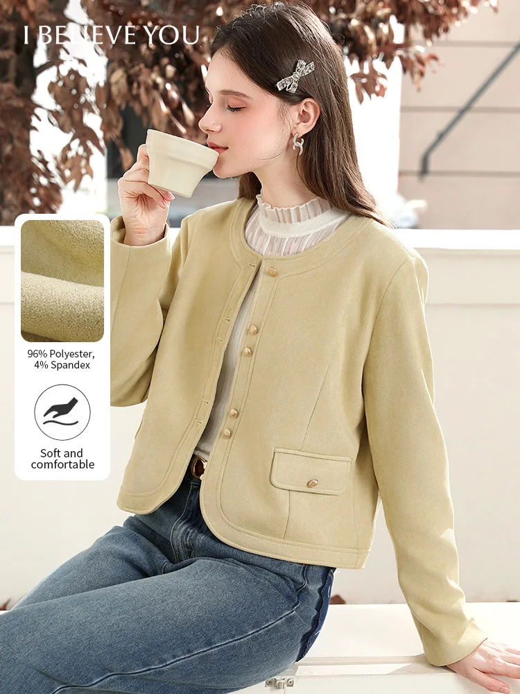 

I BELIEVE YOU Women's Autumn Jacket 2025 Elegant Luxury Yellow Pockets Crew neck Long Sleeves Jackets Commute Coat 2253186160