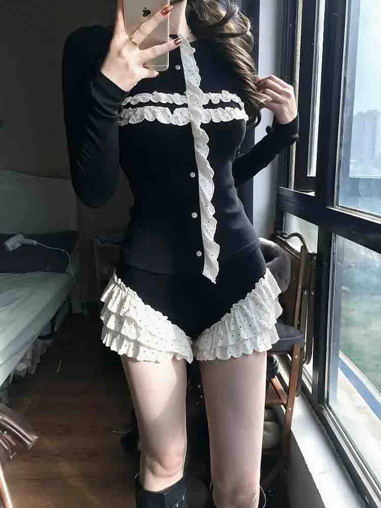 Genayooa Y2k Japanese 2 Piece Suits Women Long Sleeve Patchwork Lace Two Piece Set Shorts And Top Aesthetic 2000s Outfit Sets