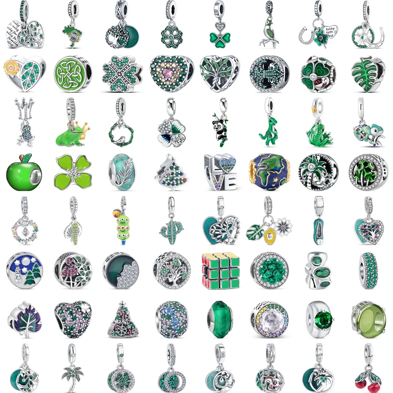 

925 Silver Green Zircon Series Frog Tree Leaves Four-Leaf Clover Cactus Heart Beads Fit Original Pandora Charms Bracelet Jewelry