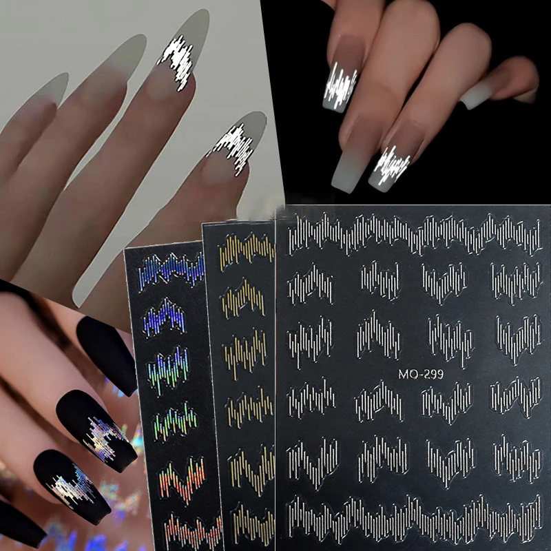 3D Color Reflective Flash Silk Embossed Nail Art Stickers 1pcs Gold Sliver Disco Wave Line Nail Art Decorations For Party