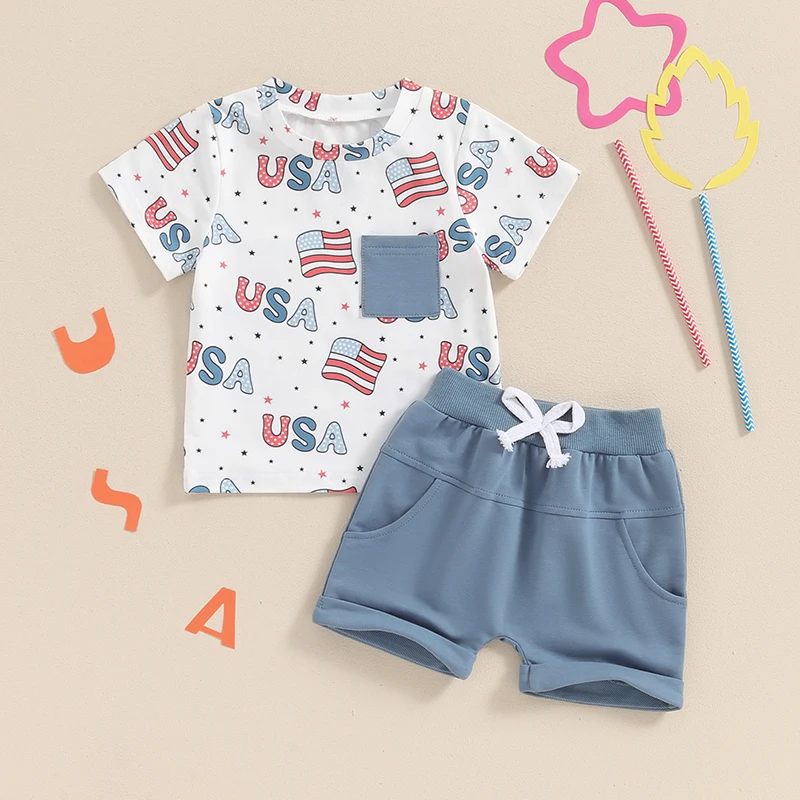 4th of July Boy Outfit Short Sleeve Letter Flag/Star USA Print Tops Drawstring Shorts Toddler 4th of July Clothes