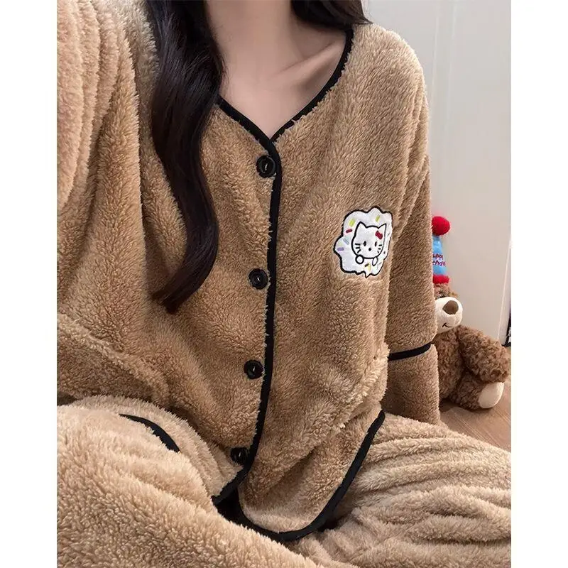 Sanrio quente e wearable casa terno conjunto olá kitty pijamas feminino outono inverno engrossado coral velo dos desenhos animados kt gato flanela