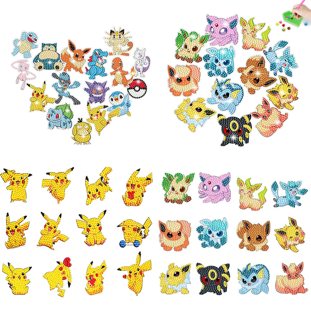 Analyste d'autocollants de peinture diamant Pokémon pour enfants, autocollant de mosaïque d'art de diamant bricolage, cadeau intérieur de maire par numéros, 12 pièces, 16 pièces