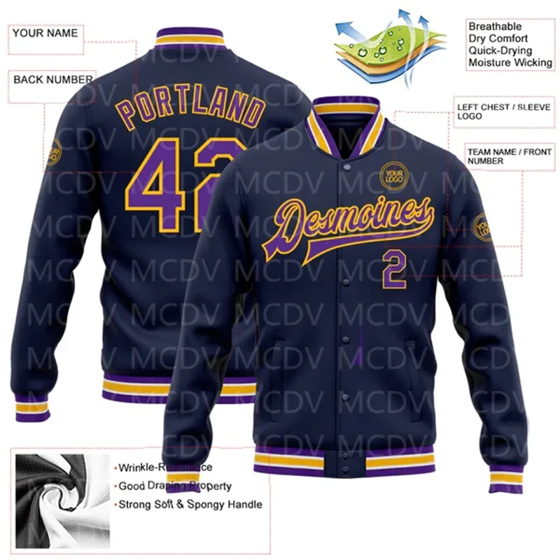 Custom Navy Purple-Gold Bomber Full-Snap Varsity Letterman Jacket