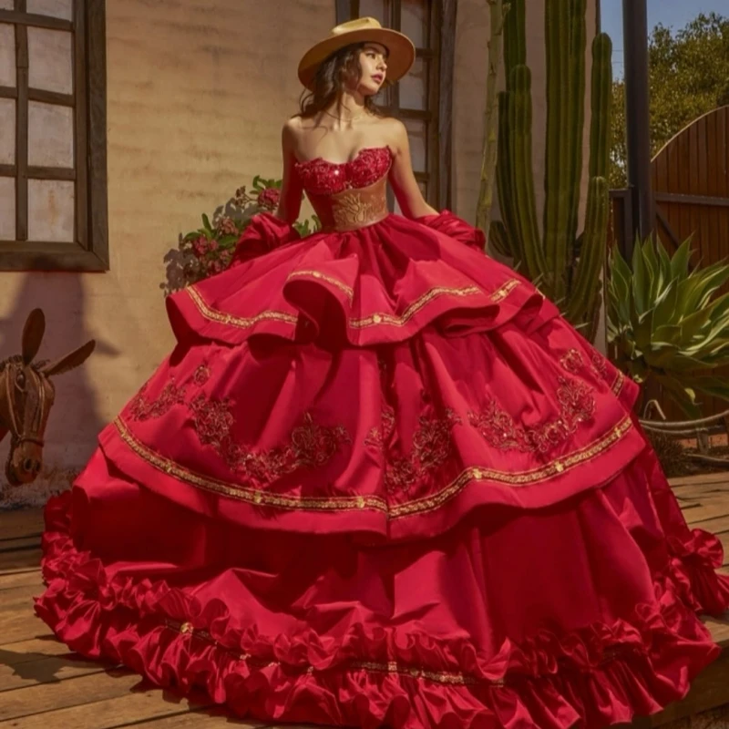 

Красные платья Quinceanera с открытыми плечами и аппликацией, кружевной корсет с бисером и кристаллами, тюлевое платье для вечеринки, дня рождения, сладкое платье 16, Vestidos 15 De