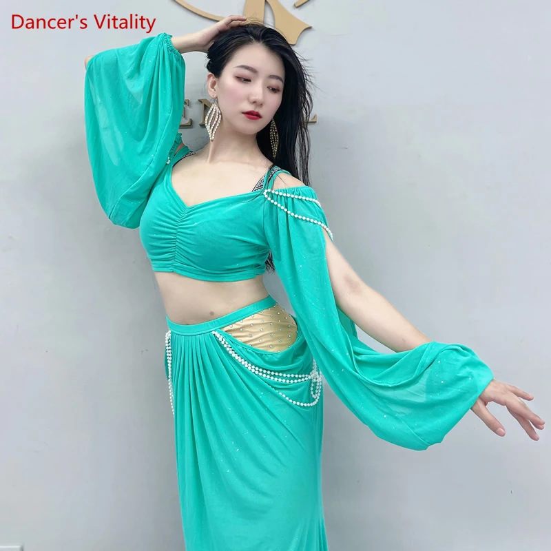 Belly Dance เสื้อผ้าสำหรับผู้หญิงตาข่ายไข่มุกด้านบน + กระโปรง2Pcs สาว Oriental เครื่องแต่งกายชุดหญิงฝึกสวมใส่เครื่องแต่งกาย