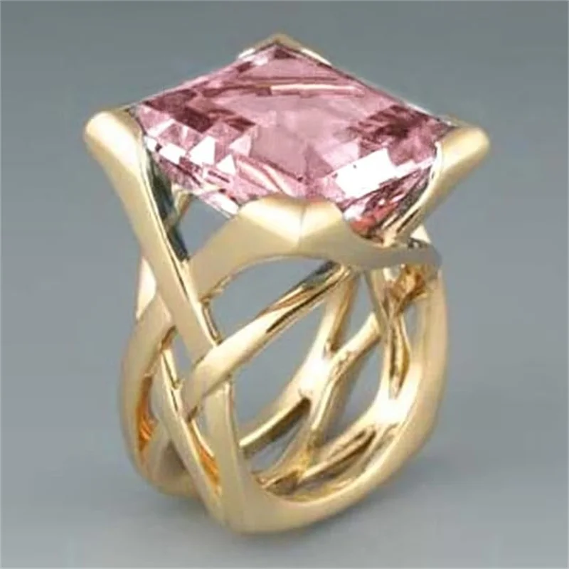 Huitan Ring mit hohlem Kreuz-Design für Damen, goldfarben, mit leuchtend weiß/blauem CZ, modisches Hochzeitszubehör, eleganter Partyschmuck – Detail 16