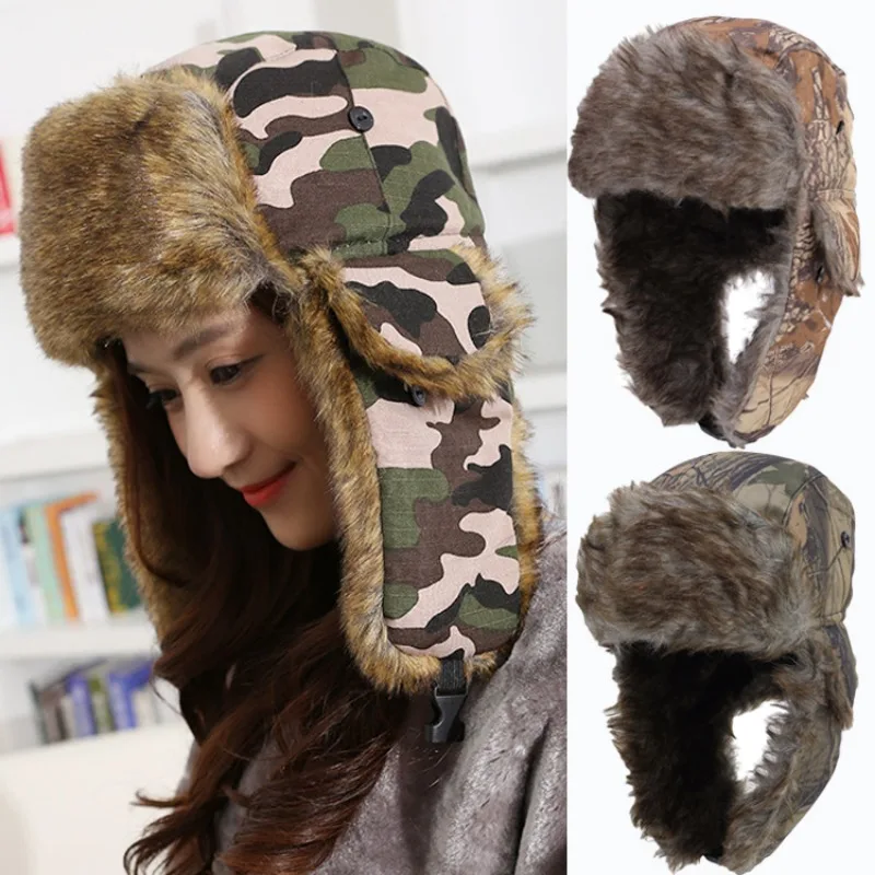 New Winter Hats for Women Men Faux Fur Bomber Cap Camouflage Thicken Warm Plush Hat Russian Outdoor Cycling Windproof Ski Caps