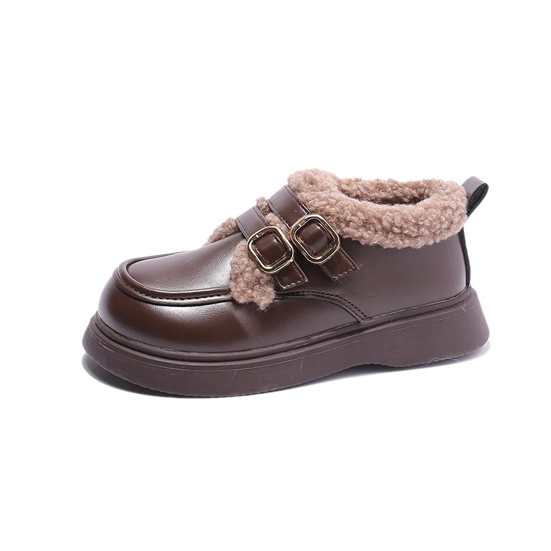 British Style Children Leather Shoes for Girls Winter 2023 Thick Soled Lamb Wool Warm Boys Uniform School Cotton Shoes Plush PU