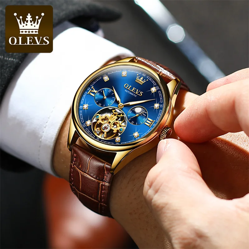 OLEVS Brand Classic Moon Phase Men Watches Automatic Mechanical Watch Men Tourbillon Clock Leather Waterproof Gold Blue Reloj