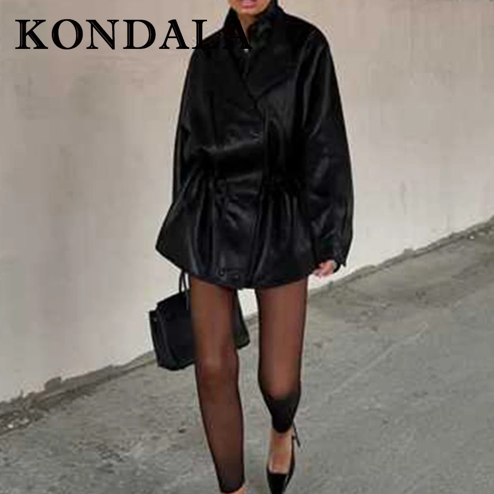 سترة KONDALA النسائية الكلاسيكية المصنوعة من مادة البولي يوريثان باللون الأسود الصلب موضة 2025 ملابس خارجية مزدوجة الصدر معطف طويل للسيدات في الشارع #5