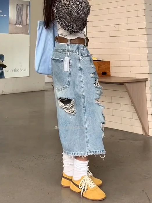 Vintage Streetwear Ripped Y2K Denim Shorts Women American Retro High Waist Baggy Wide Leg Trousers Straight Knee Length Pants