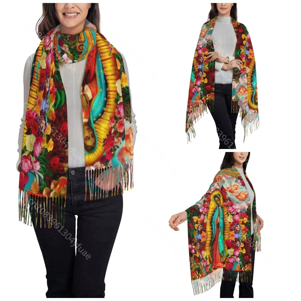 Virgin Mary Shawl Wrap for Women Winter Warm Large Soft Scarf Our Lady of Guadalupe Christian Reversible Tassel Scarves