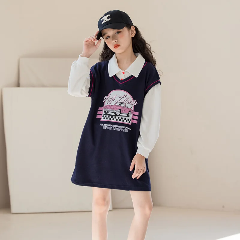 

Korean Spring Autumn Children Girl One-piece Dress Teenagr Girl Letter Printed Patchwork Long Sleeve Junior Girl Straight Dress