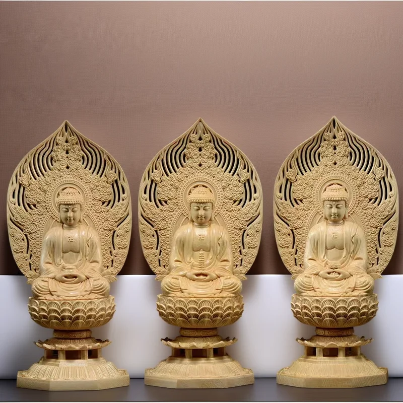 Handmade Solid Wood Lotus Shakyamuni Buddha Statue - Chinese Style Home Living Room Office Decorative Ornament