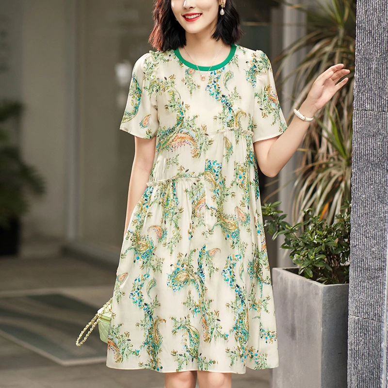 New Elegant Fashion Summer Dresses For Women 2026 Short Sleeve 100% Real Silk Casual Dress Woman Vintage Print Dress A-line