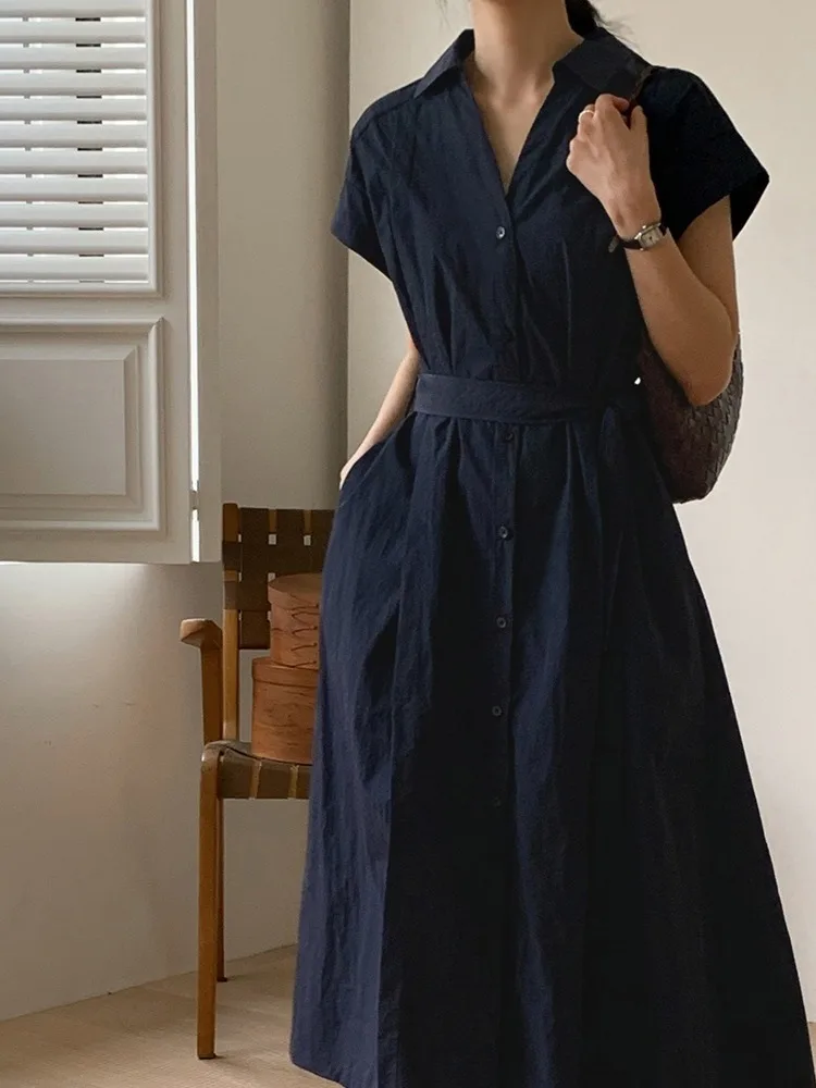 Elegant Shirt Dress Women's Fashion Belted Waist Tie Neck Long Skirt Casual Short Sleeve V-neck Summer New Arrival