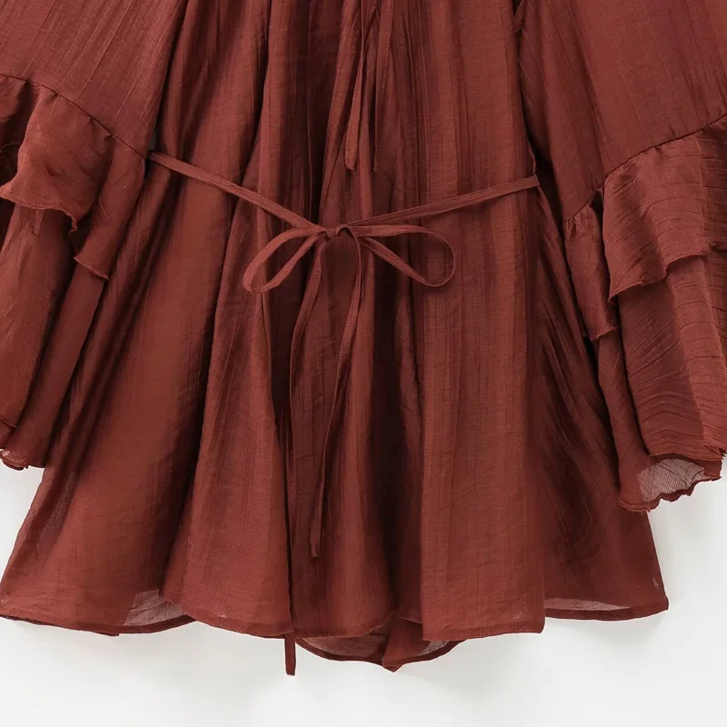 Hxao vestidos femininos com babados, verão 2025, laranja, renda, vestidos curtos, mini camadas, gola redonda, manga comprida, vestidos casuais 066