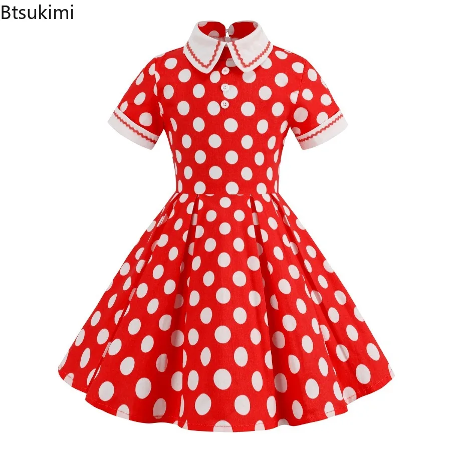 2025 Vintage stijl kindermeisje stippen dagelijkse verjaardagsjurk zomer kraagvorm korte mouwen swing prinsessenjurk