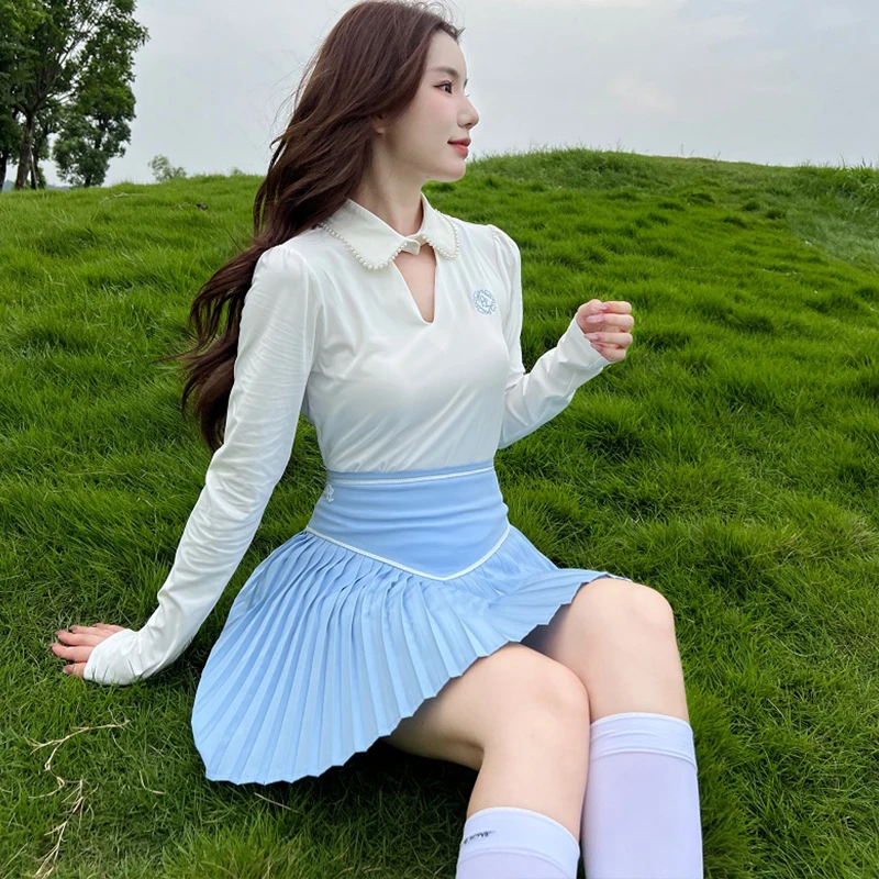 

PL Спортивные женские рубашки для гольфа, весенне-осенние полые рубашки с v-образным вырезом и длинными рукавами, женские плиссированные юбки для гольфа, короткая юбка