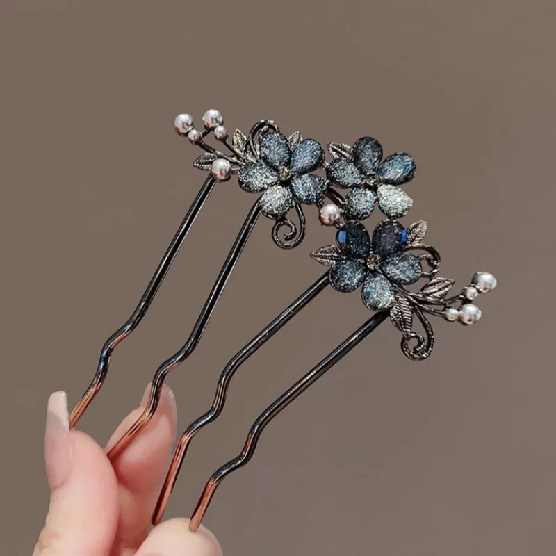 Chinese Ancient Style Exquisite Pearl Rhinestone Flower U-shaped Hair Comb Women Elegant Temperament Daily Metal Hairpin