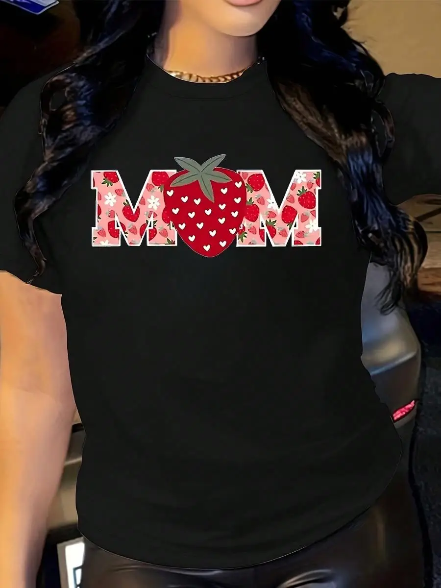 1pc Women s Strawberry MOM Print V-Neck Short Sleeve T-Shirt - Casual, Breathable, Machine Washable - Perfect For Mother s Day Or Casual Attire